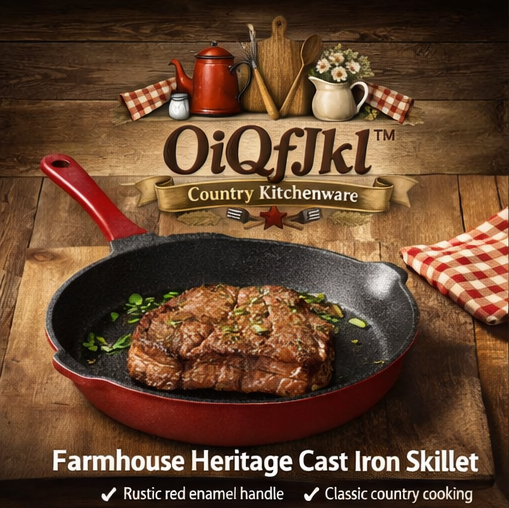 OiQfJkl™ Farmhouse Heritage Cast Iron Skillet – Rustic Red Enamel Handle Frying Pan, Country Kitchen Cooking Pan for Steak, Eggs & Cornbread