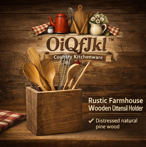 OiQfJkl™ Rustic Farmhouse Wooden Utensil Holder – Vintage Country Kitchen Counter Organizer for Cooking Tools, Spatulas & Ladles
