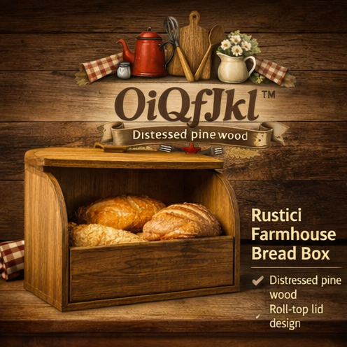 OiQfJkl™ Rustic Farmhouse Wooden Bread Box – Vintage Country Kitchen Bread Storage Container with Roll-Top Lid