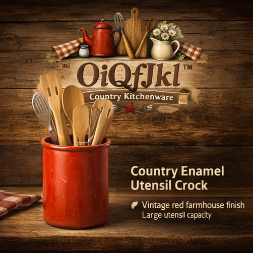 OiQfJkl™ Country Enamel Utensil Crock – Vintage Red Farmhouse Kitchen Tool Holder for Wooden Spoons & Cooking Tools