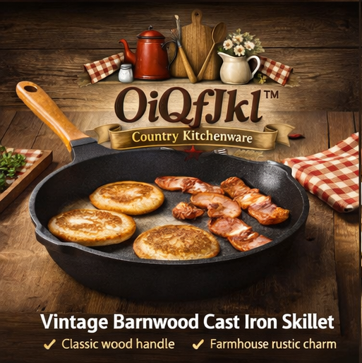 OiQfJkl™ Vintage Barnwood Cast Iron Skillet – Wooden Handle Farmhouse Fry Pan for Country Kitchen Cooking