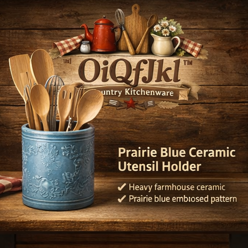 OiQfJkl™ Prairie Blue Ceramic Utensil Holder – Country Style Kitchen Tool Organizer Crock for Spatulas, Ladles & Whisks