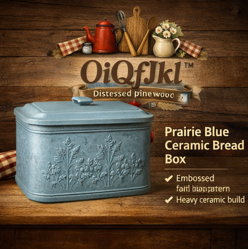 OiQfJkl™ Prairie Blue Ceramic Bread Box – Country Style Kitchen Bread Storage with Embossed Farm Pattern