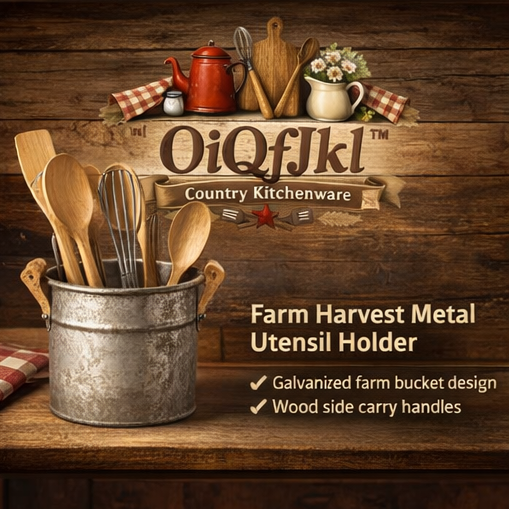 OiQfJkl™ Farm Harvest Metal Utensil Holder – Galvanized Farmhouse Kitchen Organizer with Wooden Handle