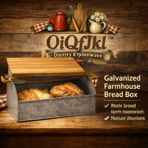 OiQfJkl™ Galvanized Farmhouse Bread Box – Rustic Metal Bread Keeper with Wooden Lid for Country Kitchen Storage